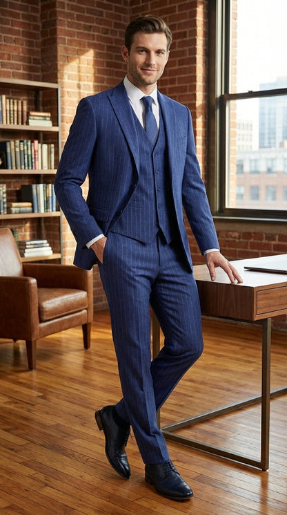 Men’s Cobalt Blue 3 Piece Suit – Indigo Light Blue Pinstripe Formal Suit with Vest for Wedding, Business Modern Fit Two buttons