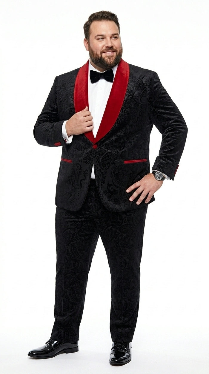 Men’s Black Paisley 2 Piece Suit with Red Shawl Lapel, Formal Wedding Prom Party Suit Set