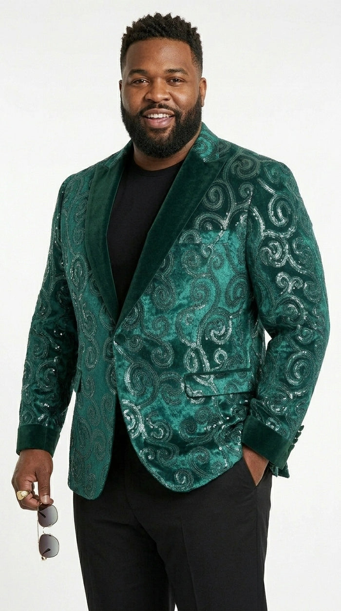 Men’s Emerald Green Paisley Tuxedo Dinner Jacket with Black Lapel, Formal Prom Wedding Party Blazer