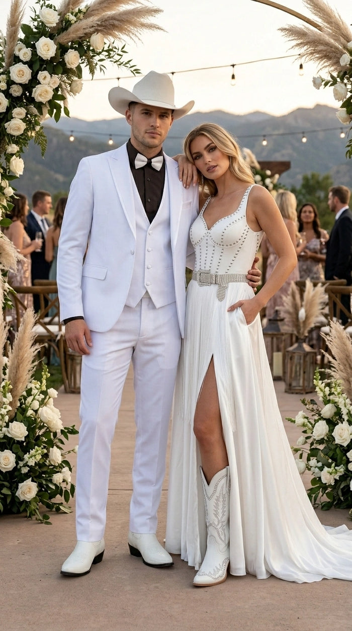 Men’s White Western Cowboy 3 Piece Tuxedo Suit, Formal Wedding Prom Groom Suit Set
