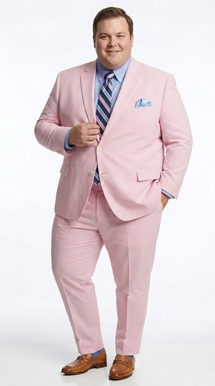 Men’s Pink Seersucker 2 Piece Suit, Lightweight Summer Dress Suit for Weddings, Prom, Parties, and Special Occasions
