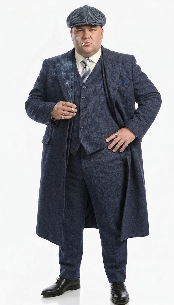 Men’s Navy Blue Herringbone Tweed  1920s 3 Piece Suit with Overcoat – Vintage Peaky Blinder Style Formal Suit Set with Blazer, Waistcoat + Overcoat + Hat
