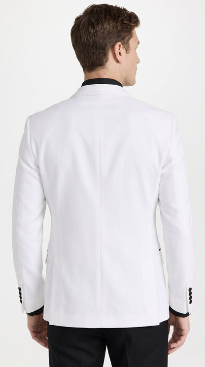 Men's White Double Breasted Tuxedo Dinner Jacket with Black Satin Peak Lapel – Formal Wedding Prom Blazer