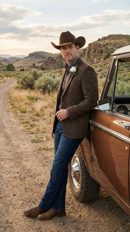 Men’s Brown Western Tweed Herringbone Blazer Jacket – Classic Cowboy Style Sport Coat for Wedding Party
