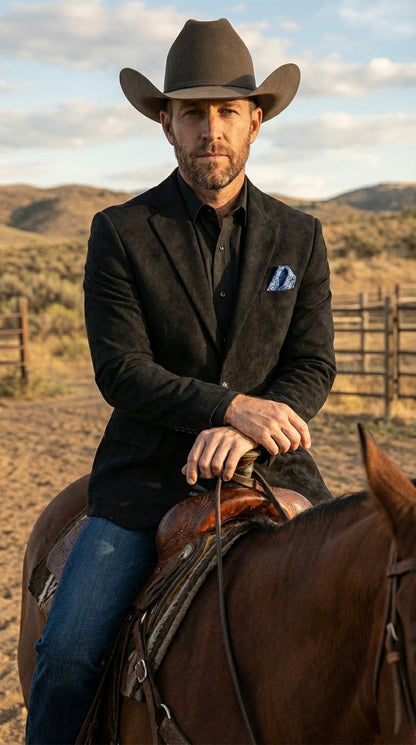 Men’s Black Suede Cowboy Blazer with Elbow Patch Sleeves – Black Western Style Suede Sport Coat for Casual and Smart Casual Wear