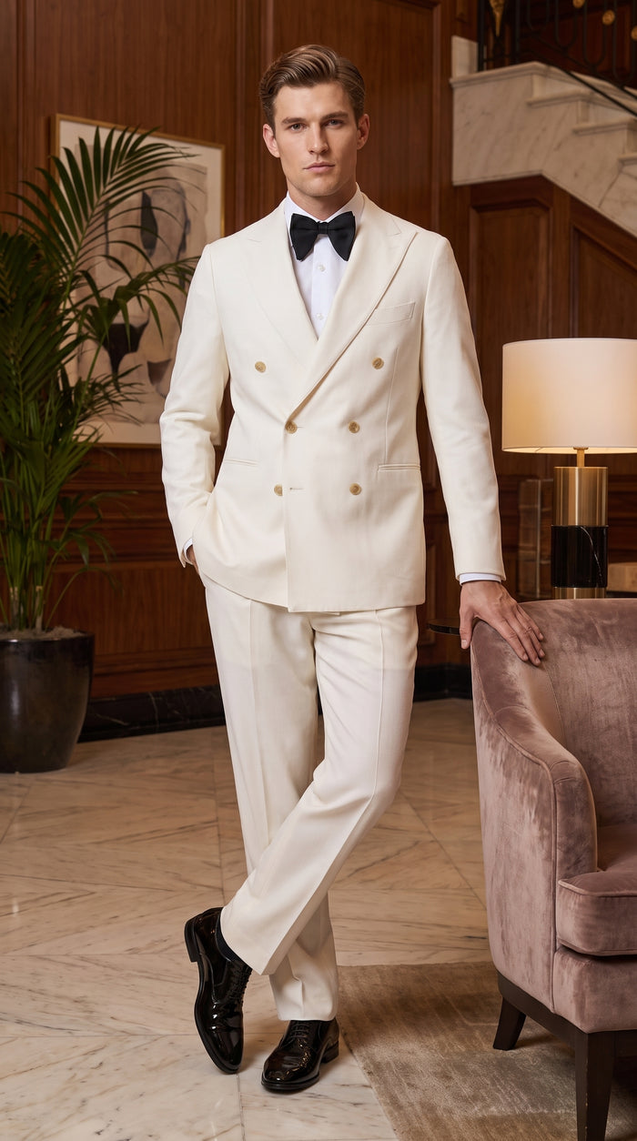 Men’s Ivory Double-Breasted Tuxedo – Gold Button Wedding, Prom and Formal Suit