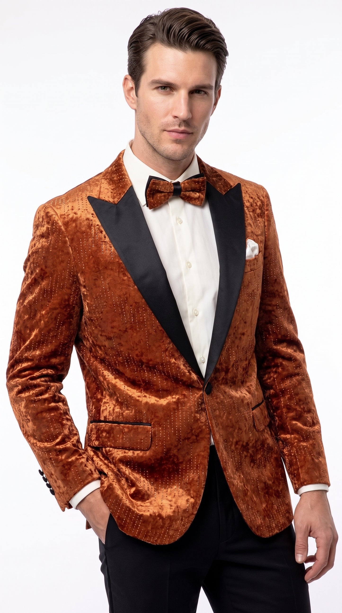 Men’s Burnt Orange Sequin Velvet Blazer – Kingsman Golden Bee Inspired Black Peak Lapel Dinner Jacket