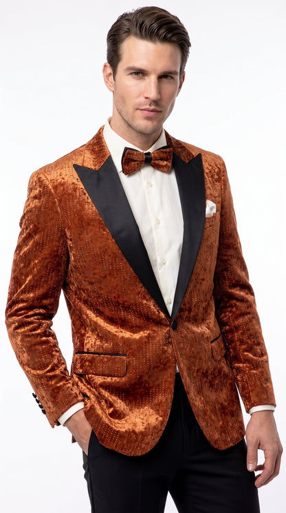 Men’s Burnt Orange Sequin Velvet Blazer – Kingsman Golden Bee Inspired Black Peak Lapel Dinner Jacket