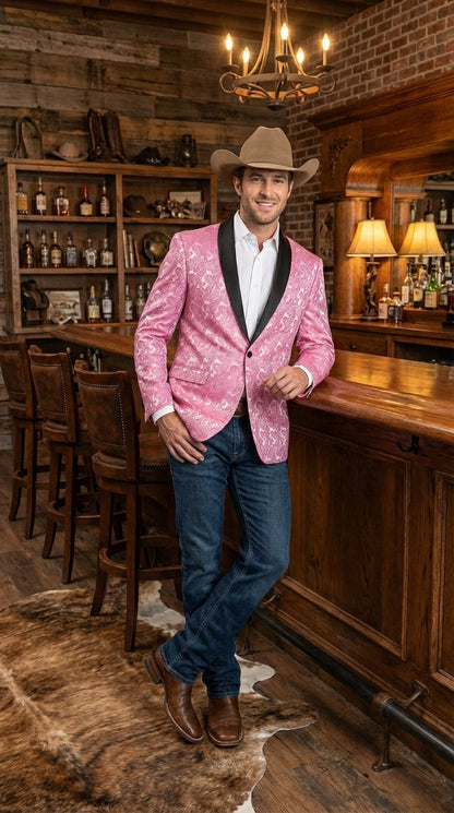 Mens Hot Pink Paisley Western Blazer Jacket – Stylish Pattern Formal Blazer with Black Shawl Lapel for Party, Wedding Cowboy Sportcoat