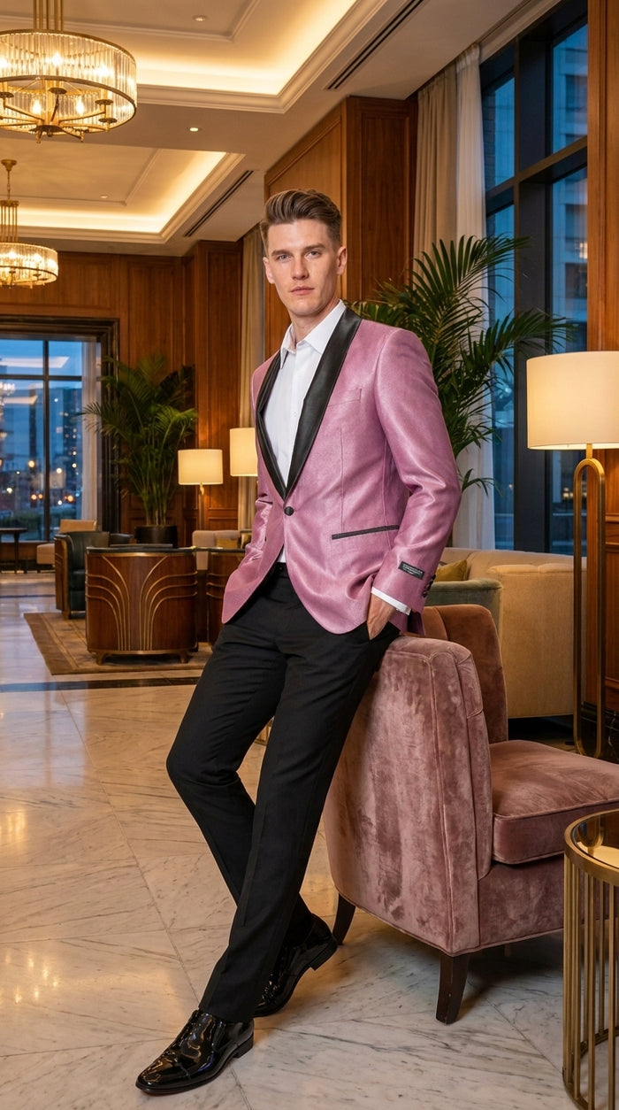 Men’s Shiny Pink Tuxedo Dinner Jacket with Black Pants – Shawl Lapel Formal Tuxedo