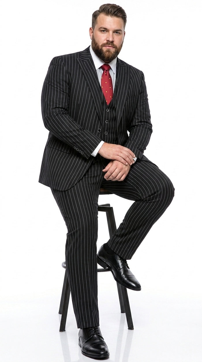 Men’s Gomez Addams Black Pinstripe 3 Piece Suit – Vintage Gangster Gothic Style Suit