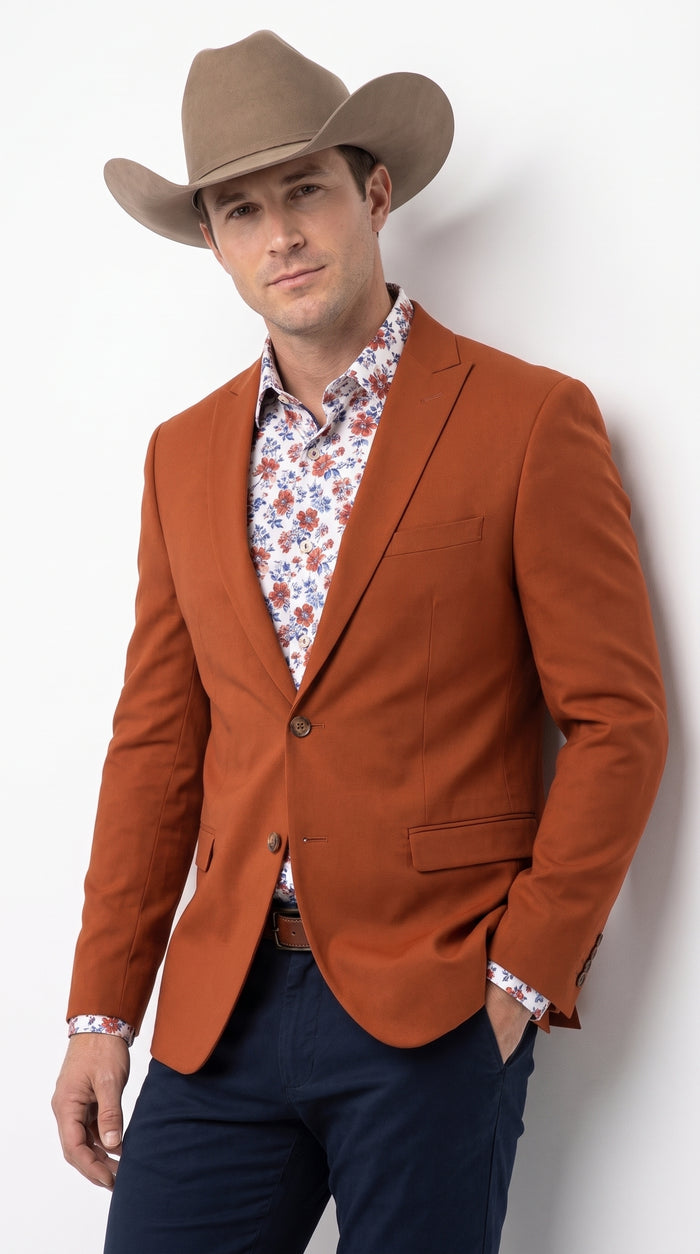 Men’s Rust Cowboy Western Blazer – Copper Brick  Color Two Button Sport Coat Peak Lapel Modern Fit