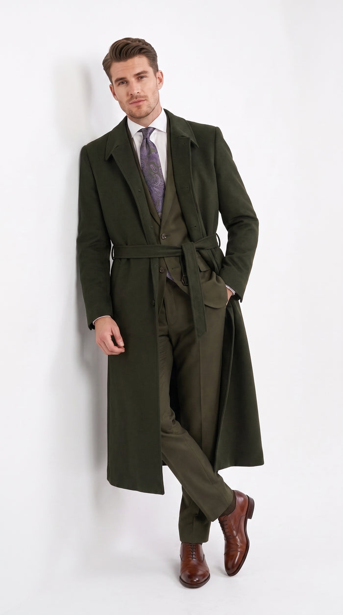 Men’s Blade Runner K Inspired Olive Green Wool Duster Coat – Long Vintage Sci-Fi Overcoat