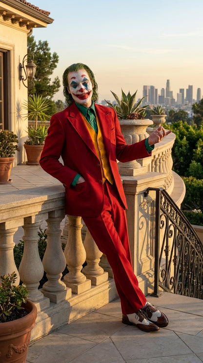 Men's Joker 2019 Red 3-Piece Suit – Joaquin Phoenix Movie-Inspired Costume with Mustard Orange Vest & Green Shirt & Tie Package