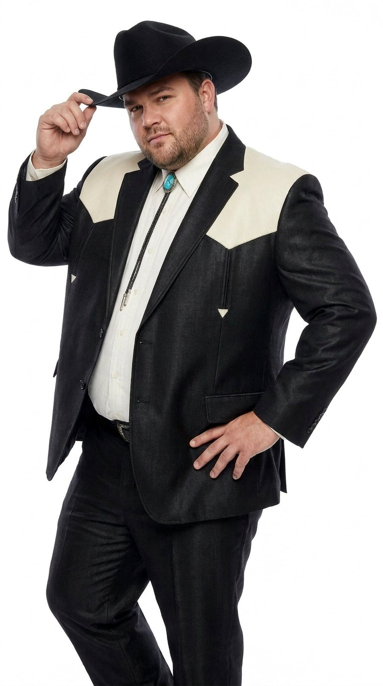Men's Black Western Suit with White Shoulder Yoke – 2 Piece Cowboy Wedding Suit & Western Blazer with Matching Dress Pants