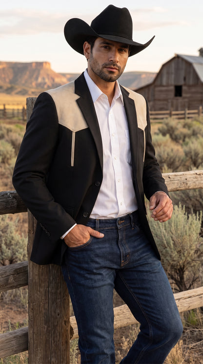 Men’s Black & Bone Tan Western Blazer – Cowboy Sport Coat with Suede Yoke for Rodeo, Ranch & Country Wear