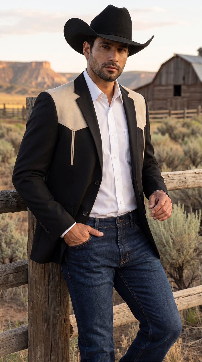 Men’s Black & Bone Tan Western Blazer – Cowboy Sport Coat with Suede Yoke for Rodeo, Ranch & Country Wear