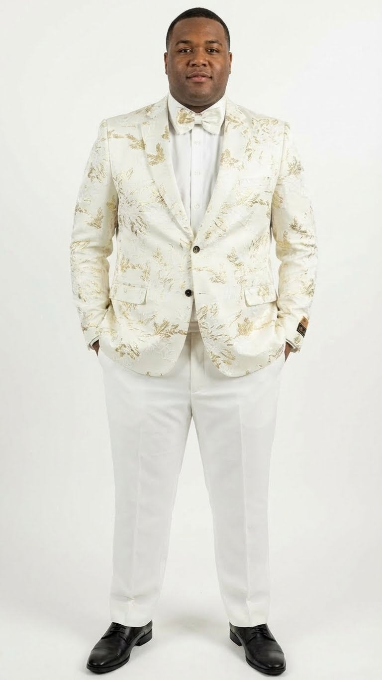 Men’s White and Gold Patterned Blazer – Paisley Floral Pattern Prom Wedding Suit Tuxedo Dinner Jacket + Bowtie