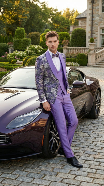 Men’s Purple Floral Prom Suit with Shawl Lapel – Luxury Formal Tuxedo Outfit for Prom, Wedding and Special Events