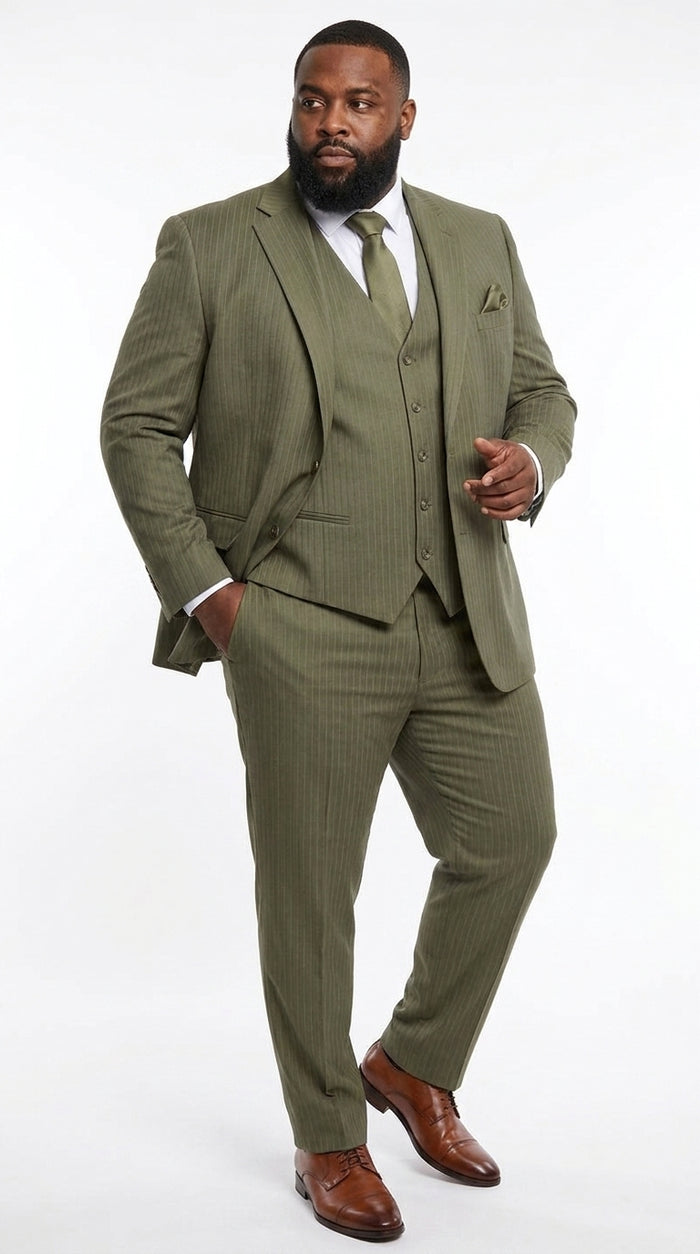 Men’s Olive Green Tone-on-Tone Shadow Pinstripe  3 Piece Suit – Modern Formal Suit with Vest Shadow Stripe