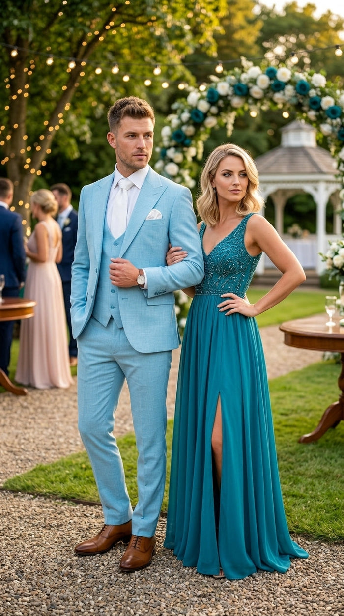 Men’s Turquoise Light blue Suit, Vested Formal Dress Suit for Weddings, Prom, Summer Parties, and Special Occasions in Aqua Blue Color By Rossiman