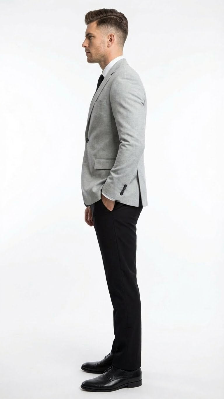 Men’s Light Grey Slim Fit Blazer Sport Coat with Black Pants | Premium Formal and Smart Casual Outfit