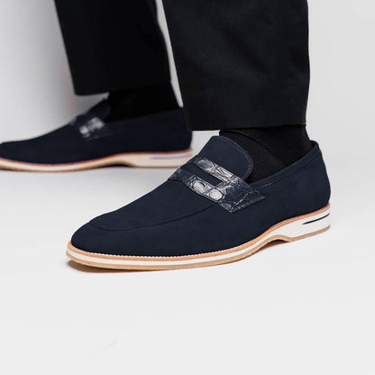 Zelli Meo 3 Suede Penny Loafers with Crocodile Accent in Navy
