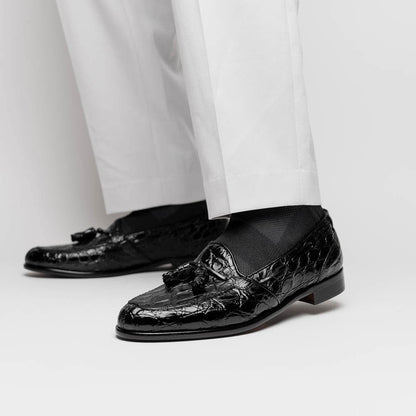 Zelli Franco Tassel Loafers in Genuine Caiman Crocodile - Black