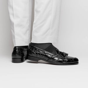 Zelli Franco Tassel Loafers in Genuine Caiman Crocodile - Black