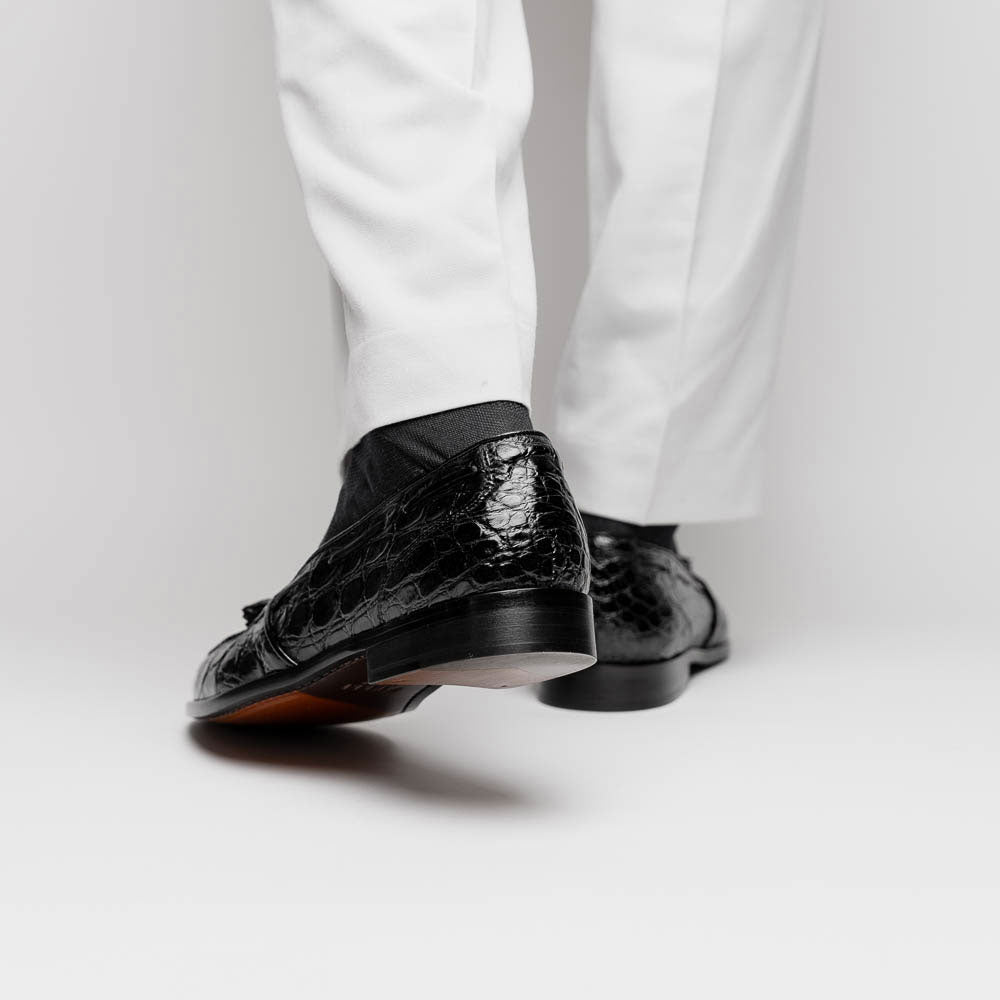 Zelli Franco Tassel Loafers in Genuine Caiman Crocodile - Black