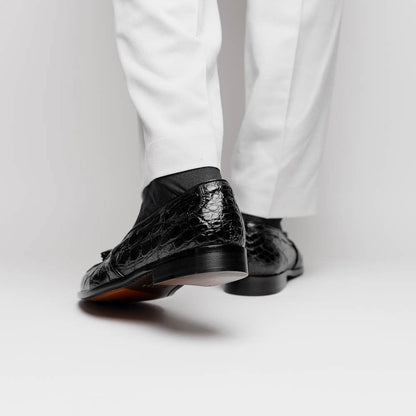 Zelli Franco Tassel Loafers in Genuine Caiman Crocodile - Black