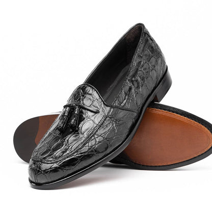 Zelli Franco Tassel Loafers in Genuine Caiman Crocodile - Black