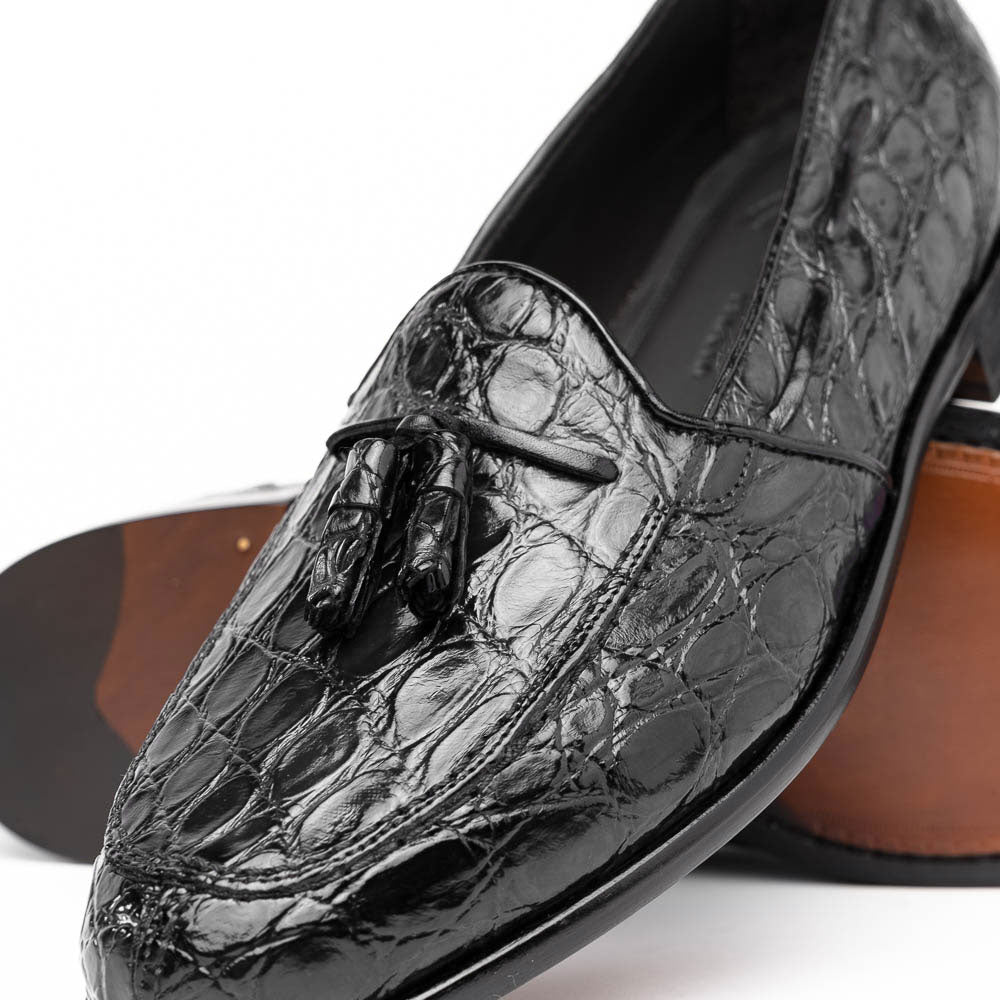 Zelli Franco Tassel Loafers in Genuine Caiman Crocodile - Black