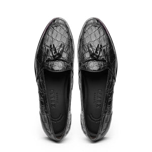 Zelli Franco Tassel Loafers in Genuine Caiman Crocodile - Black
