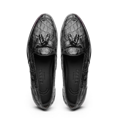 Zelli Franco Tassel Loafers in Genuine Caiman Crocodile - Black