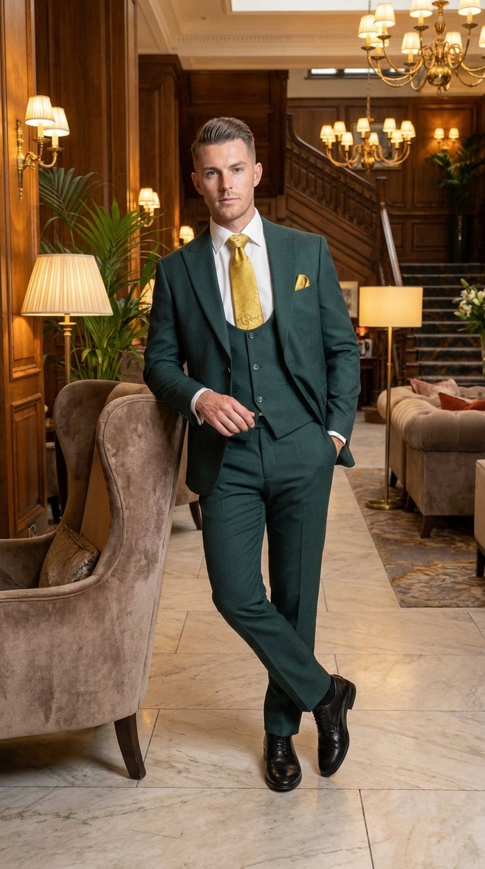Mens Vitali 3 Piece Suit W/Scoop Vest Hunter Green 3-Piece Suit –, Big Peak Lapel  Vest and Pants  Modern Fit Two Buttons