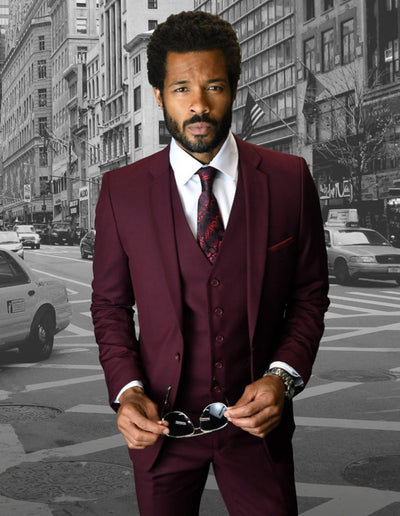 Mens 2 Button Skinny Vested Wool Suit in Burgundy 1 LORENZO_BURGUNDY_36S  - from alligatorwarehouse.com