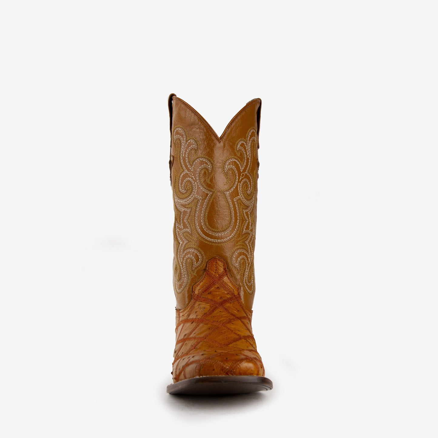 Mens Ferrini Ostrich Quill Patchwork Cowboy Boot in Cognac