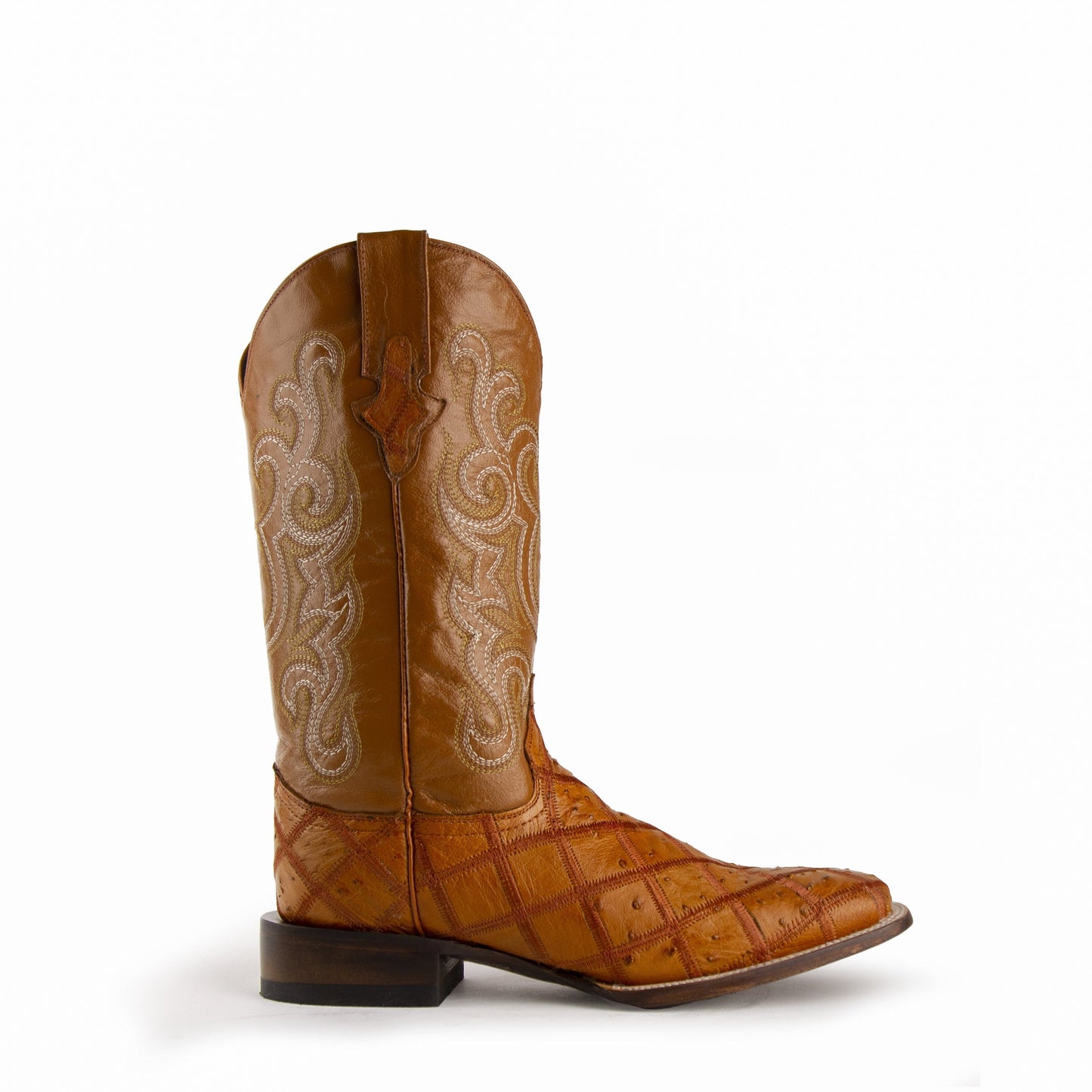 Mens Ferrini Ostrich Quill Patchwork Cowboy Boot in Cognac