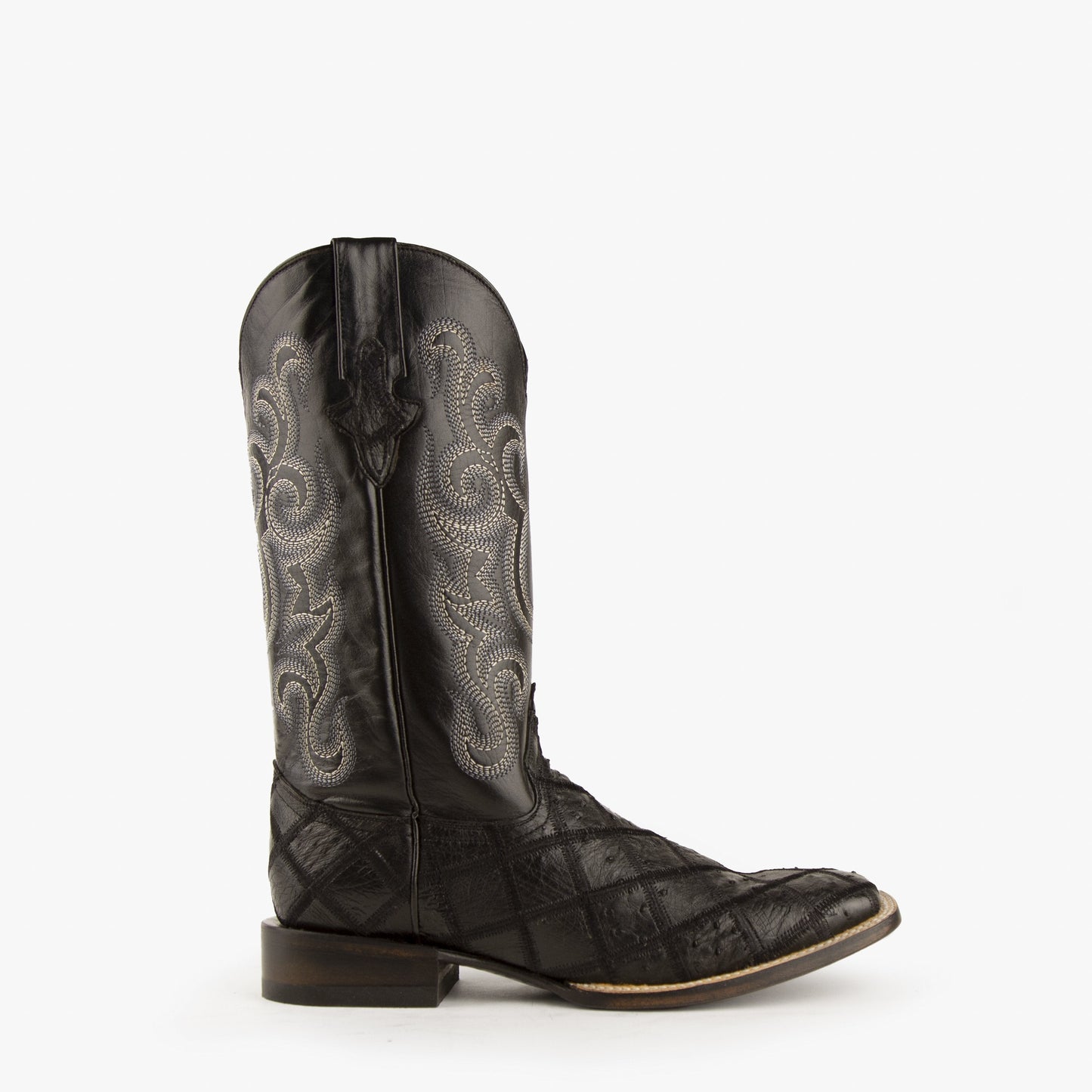Mens Ferrini Ostrich Quill Patchwork Cowboy Boot in Black