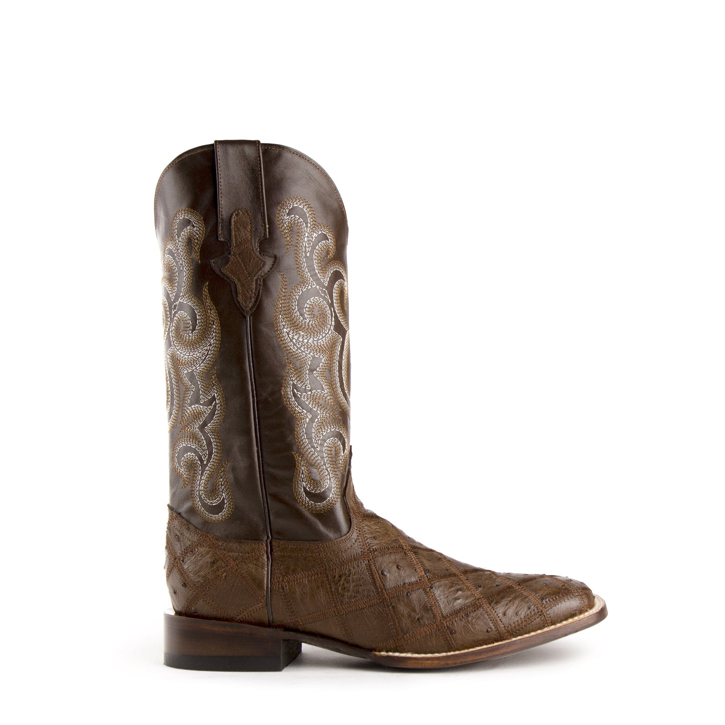Mens Ferrini Ostrich Quill Patchwork Cowboy Boot in Kango Tabac