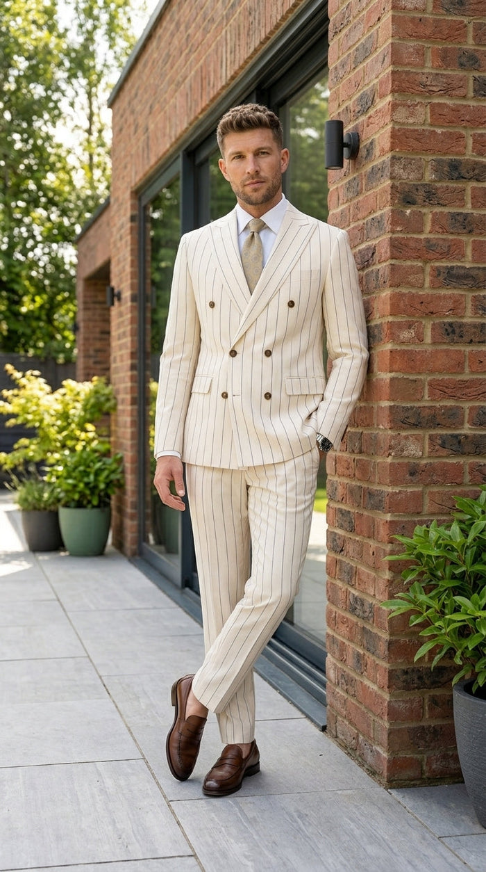 Men’s Cream Off White Pinstripe Pinstripe 2 Piece Double Breasted Suit, Summer Wedding Ivory Color By Vitali