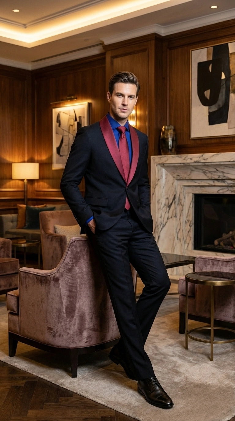 Men’s Black Suit with Burgundy Shawl Lapel –  Formal Tuxedo Suit for Wedding, Prom and Evening Events + Bowtie & Tie
