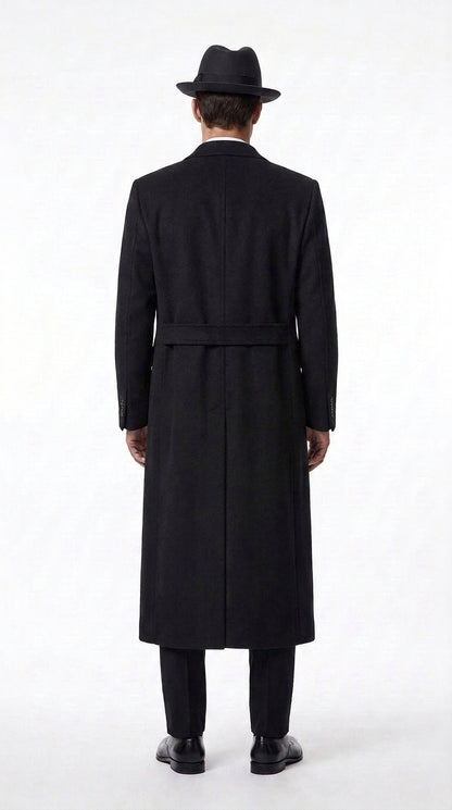 Men’s Godfather Black Double-Breasted Long Overcoat – Vintage Mobster Gangster Coat