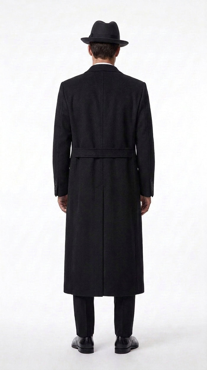 Men’s Godfather Black Double-Breasted Long Overcoat – Vintage Mobster Gangster Coat