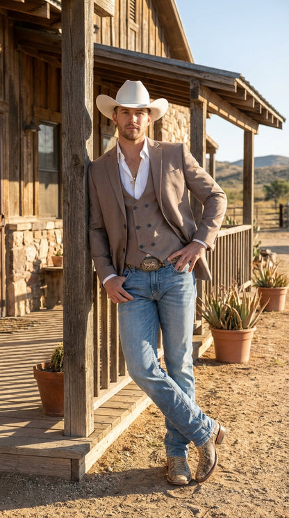 Men’s Light Grey Cowboy Blazer with Double breasted Vest – Western Two Piece Suit Pants included