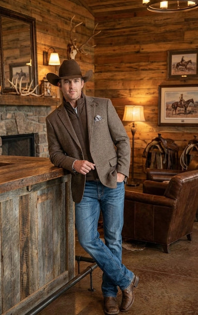 Men’s Brown Herringbone Tweed Cowboy Western Blazer – Classic Country Sport Coat Jacket for Ranch Wear,  Cowboy Jacket