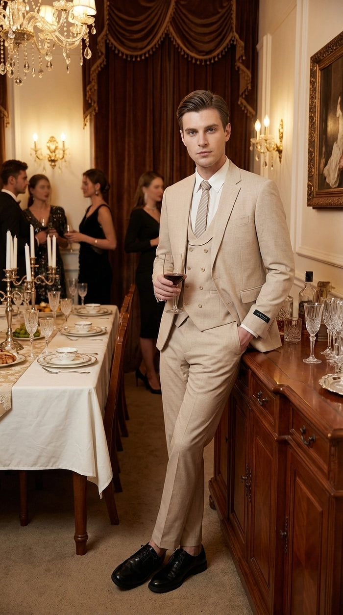 Mens Sand Beige 3 Piece Suit – Double breasted Vest Formal Suit Set  and Dress Pants in Champaign Natural Summer Color