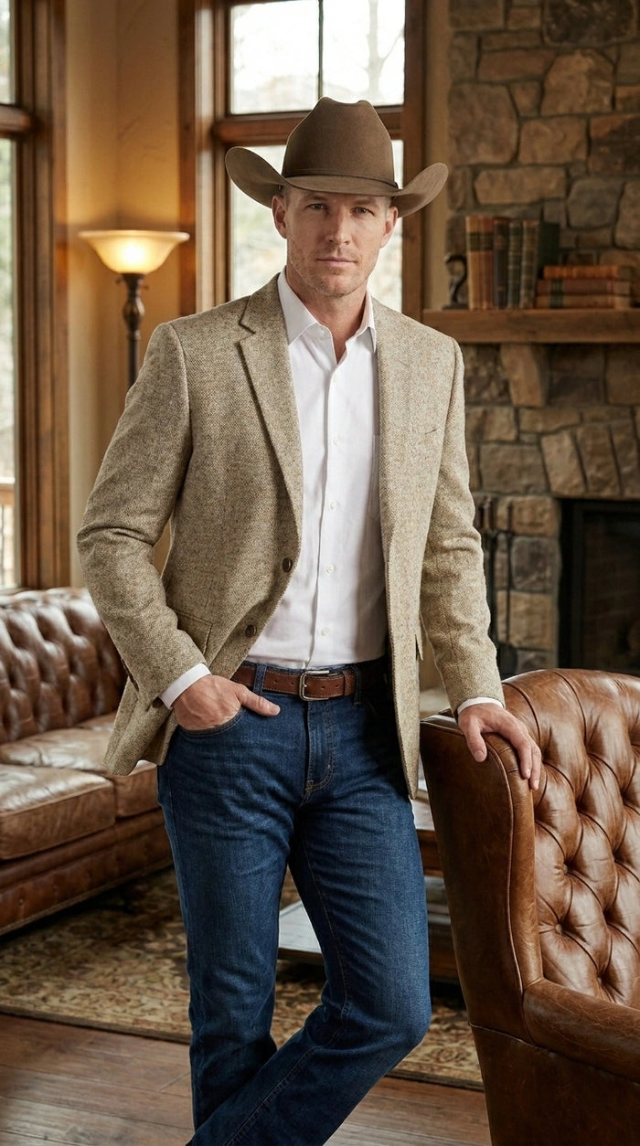 Men’s Light Tan Sand Tweed Cowboy Blazer – Country Style Western Jacket for Casual, Ranch, Saco Para Vaquero