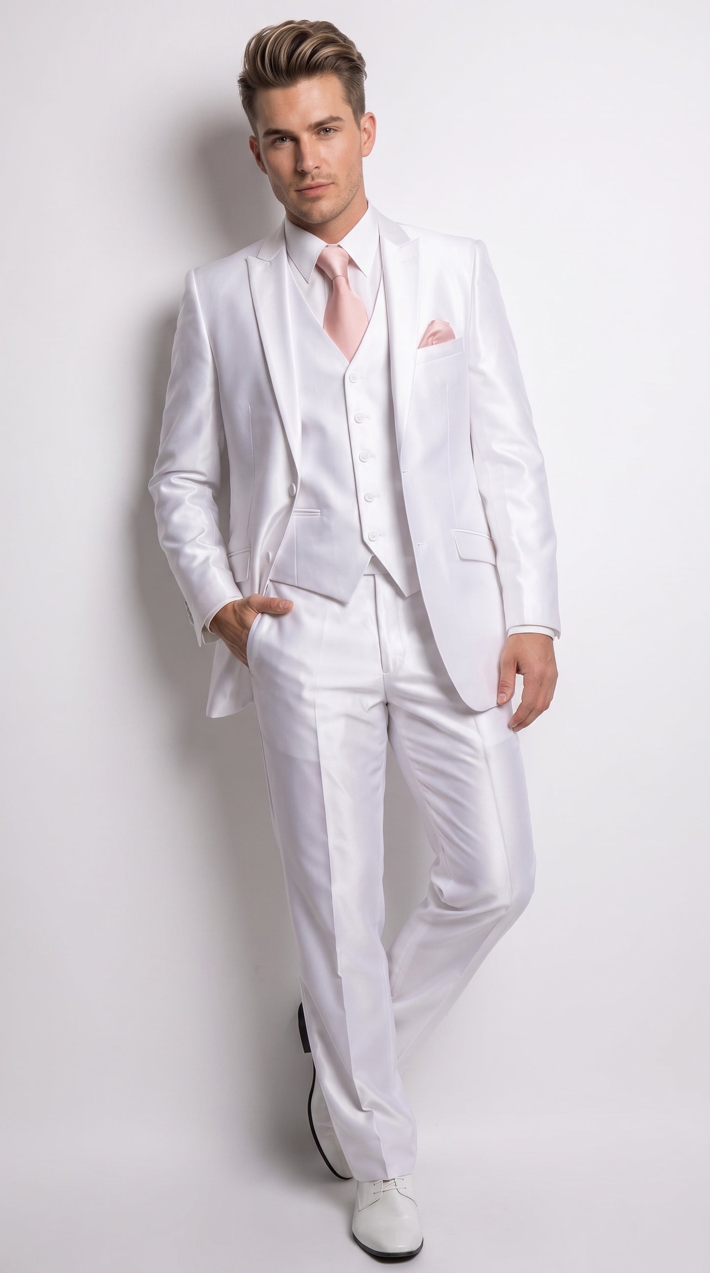 Men’s Shiny White Sateen 3 Piece Suit – Wedding Prom Formal Suit with Vest
